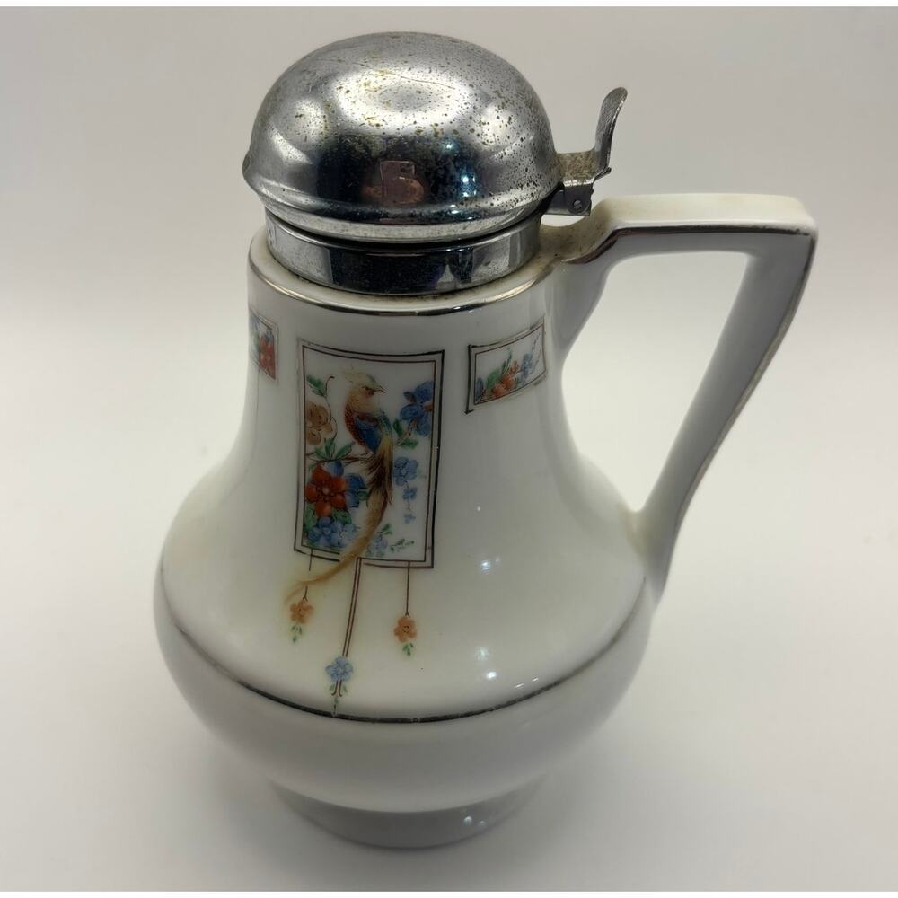 Royal Rochester Hand Painted Chocolate Pot Bird Floral Chrome Lid Vintage